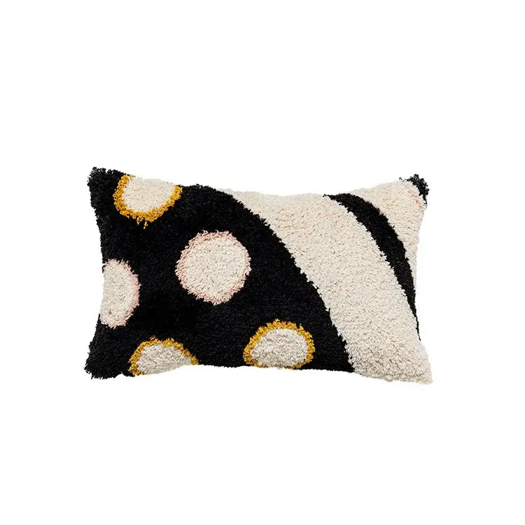 A plush boho big eye tufted cushion cover with black cream stripes and pink gold circles for bedroom decorbites boho big