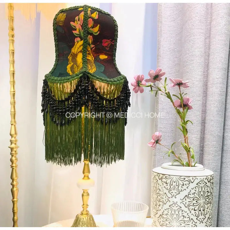 Boho bird floral jacquard beaded fringe lampshade with dark green black embroidery and gold black fringe for bedroom decorbites boho bird