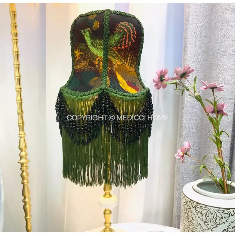 Elegant green beaded boho bird floral jacquard lampshade with embroidered peacock design and cascading fringe decorbites boho bird