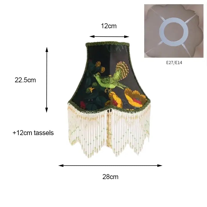Elegant black boho bird floral jacquard lampshade with embroidered green gold birds and white beaded tassels for decorbites boho bird decor