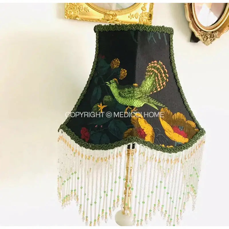 Elegant black boho bird floral jacquard lampshade with green gold embroidery and white beaded fringe decorbites boho bird