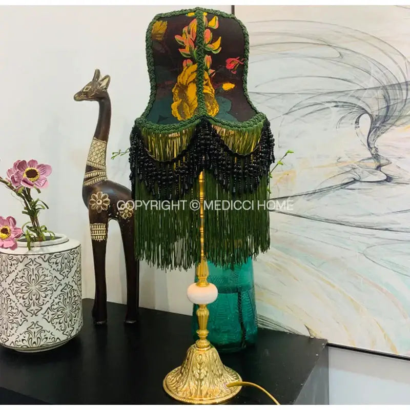 Elegant green fringed boho bird floral jacquard lampshade with beaded fringe on gold brass base for bedroom decorbites boho bird decor
