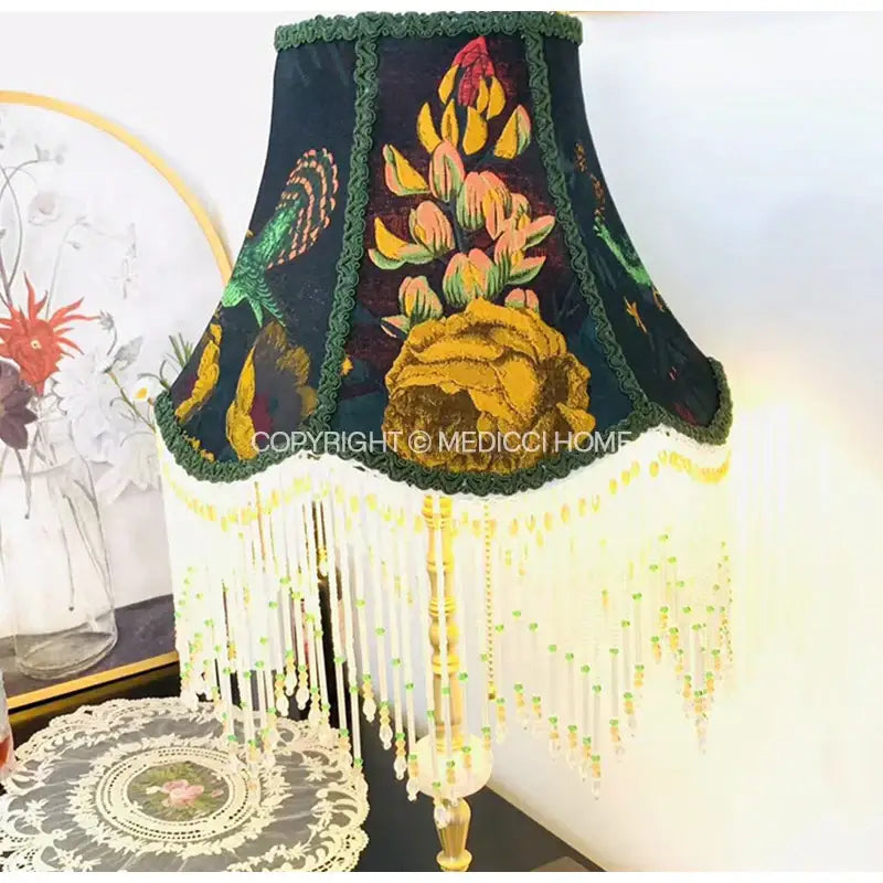 Dark green boho bird floral jacquard lampshade with embroidered motifs and white beaded fringe for bedroom decorbites decor