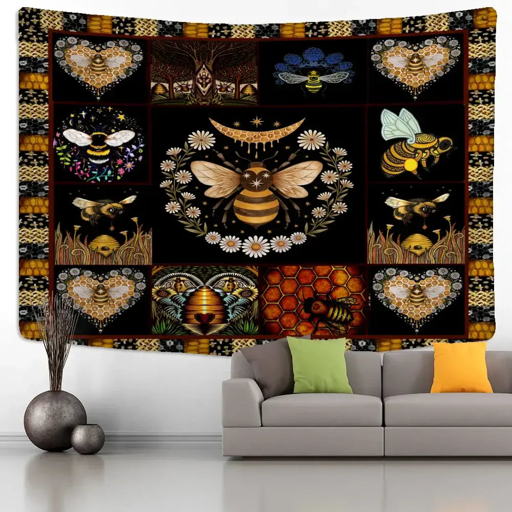 Boho black and gold bee daisy wall hanging tapestry with intricate bee illustrations on dark background for bedroom decor