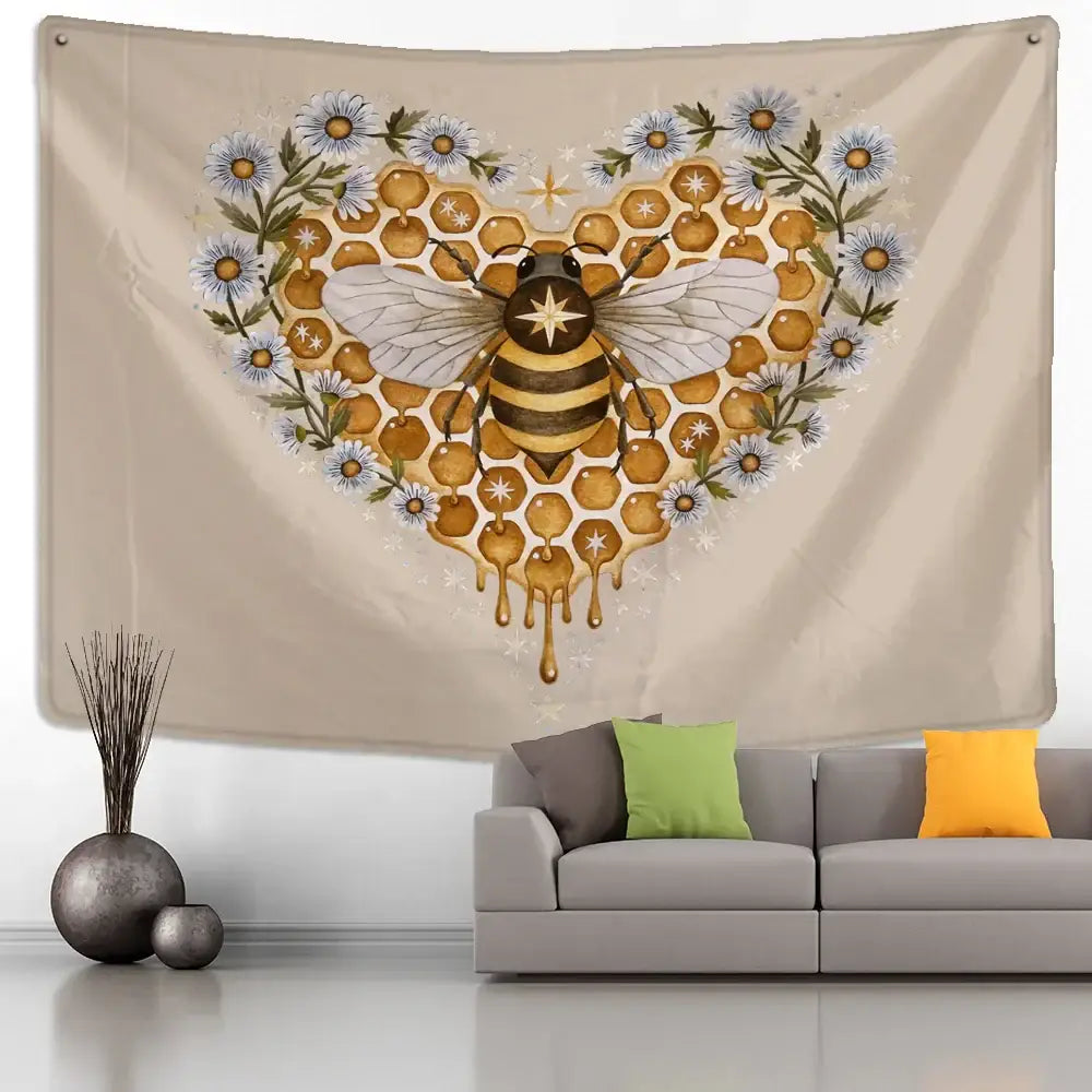 Beige wall hanging tapestry featuring a black and gold bee with daisy wall hanging blue flowers and honeycomb heart design