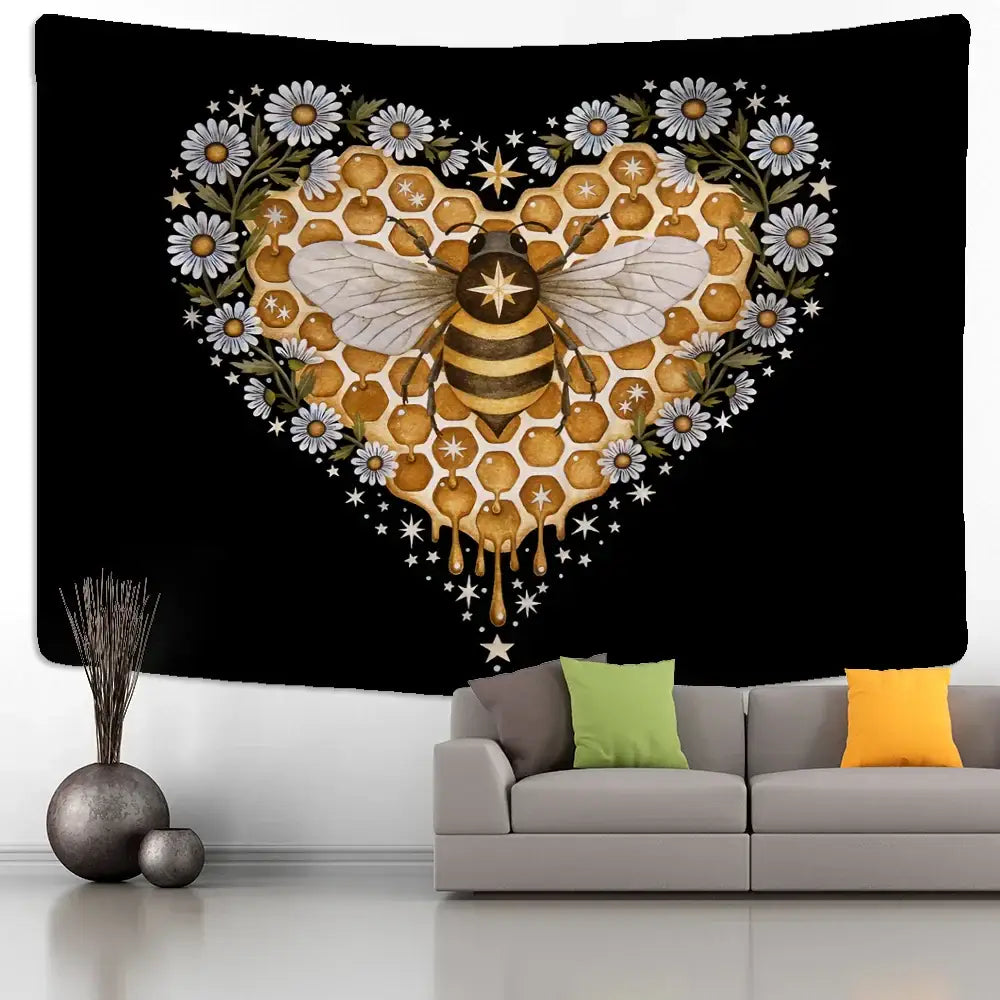 Boho black and gold bee daisy wall hanging tapestry featuring a central bee and heart-shaped honeycomb pattern