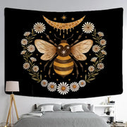 Boho black and gold bee daisy wall hanging tapestry with central golden bee brown stripes white daisies and honeycomb crescent moon