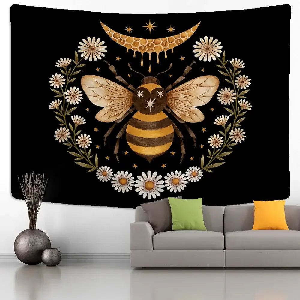 Boho black and gold bee daisy wall hanging tapestry with central bee and white daisies wreath for bedroom decor
