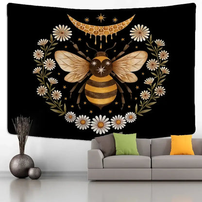 Boho black and gold bee daisy wall hanging tapestry with central bee and white daisies wreath for bedroom decor