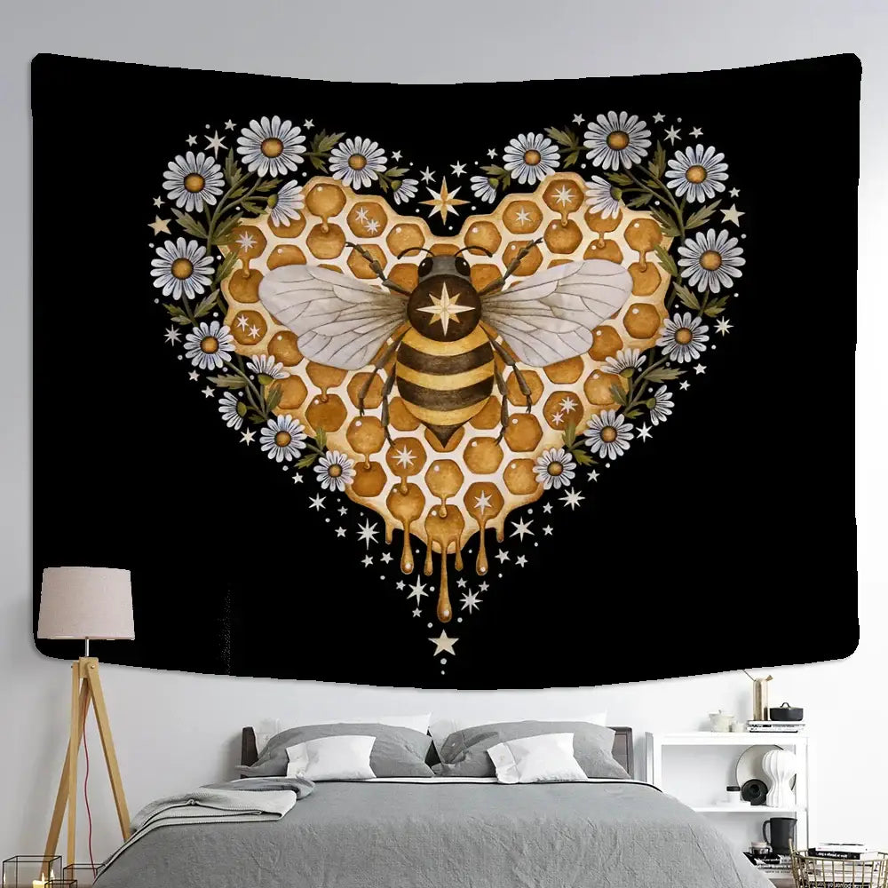 Boho black and gold bee daisy wall hanging tapestry with a golden bee and honeycomb heart design for bedroom decor