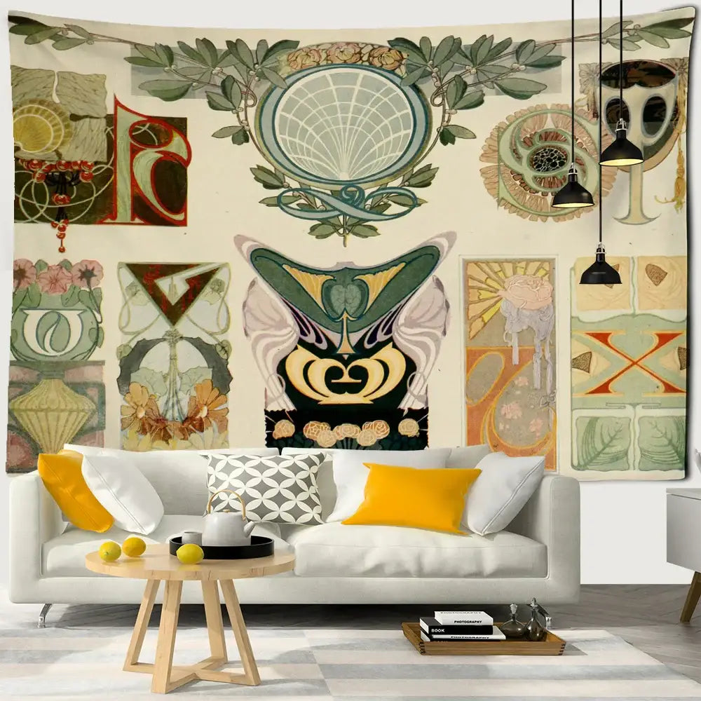Boho black and gold moon starry sky mushroom tapestry with art nouveau botanical and geometric design for decorbites cactus moon starry decor
