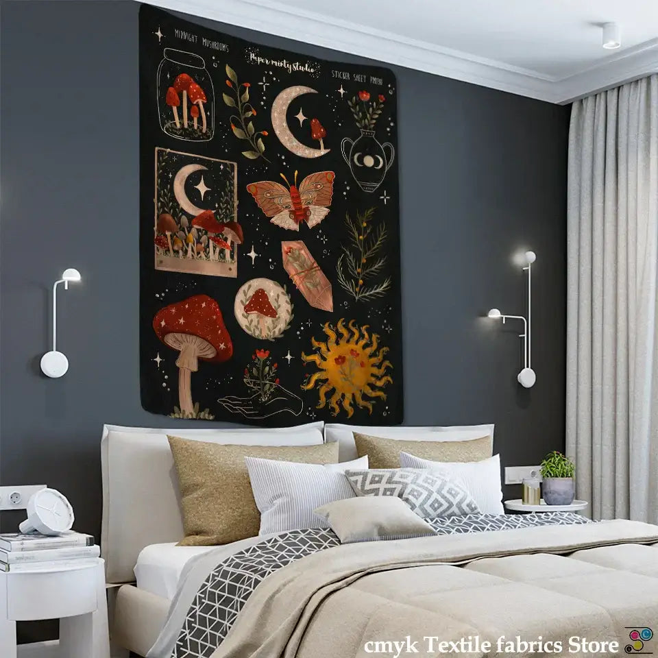 Boho black and gold moon starry sky mushroom tapestry with whimsical red and green decorbites cactus moon illustrations