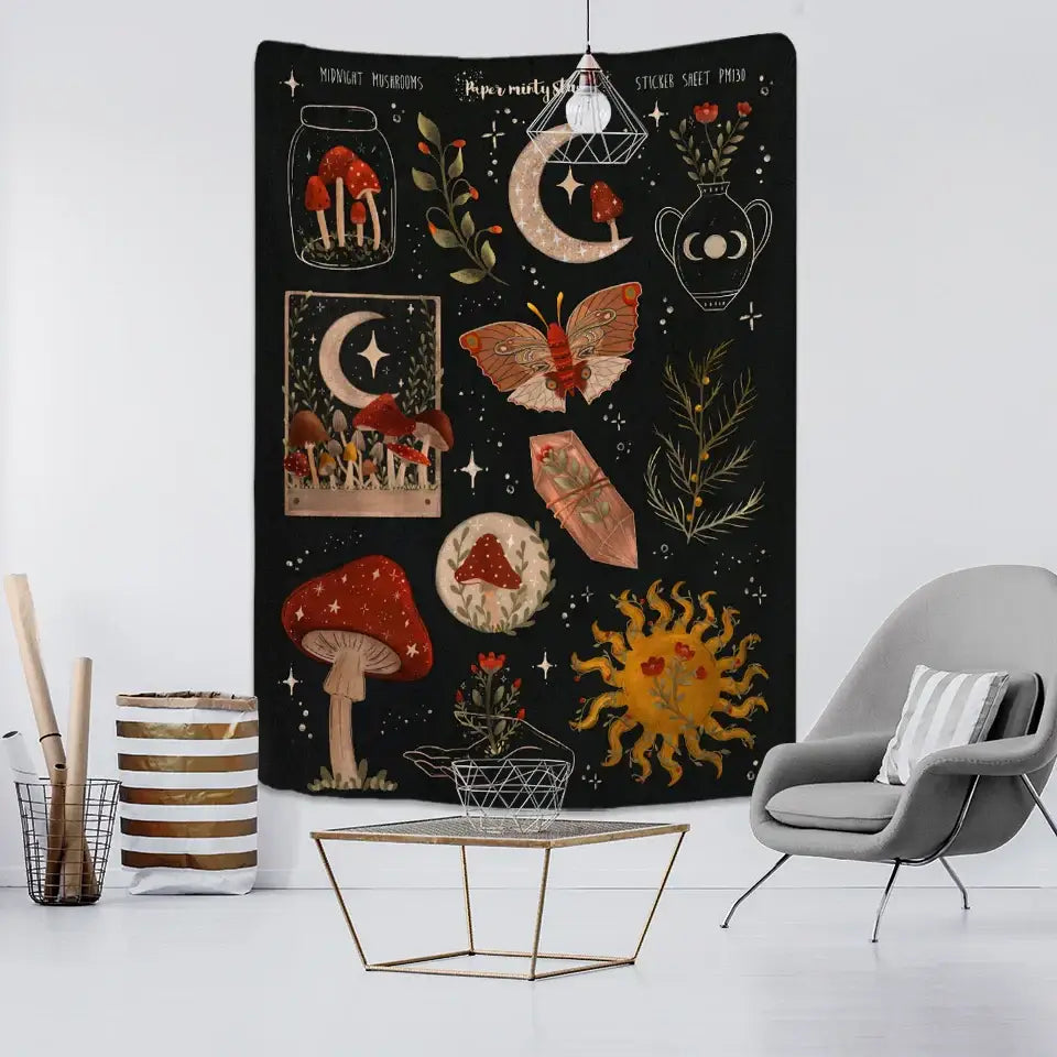 Boho black and gold moon starry sky mushroom tapestry with whimsical mushrooms butterfly in warm tones for decorbites cactus moon decor