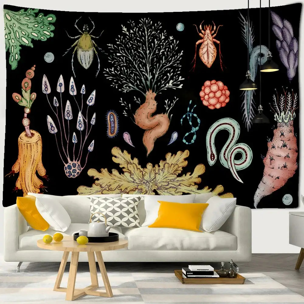 Boho black and gold moon starry sky mushroom tapestry with intricate vintage scientific decorbites cactus moon design
