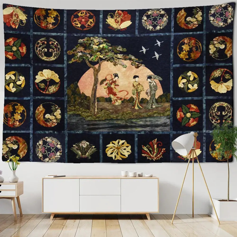 Dark blue boho tapestry with gold moon starry sky and intricate floral patterns featuring three women in traditional japanese attire
