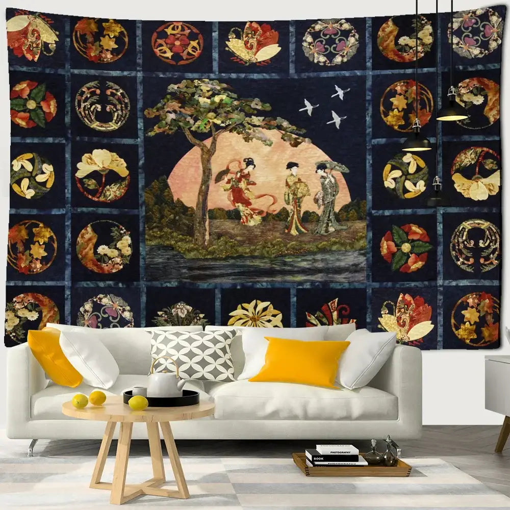 Boho black and gold moon starry sky mushroom tapestry decor featuring three women under a peach-colored moon