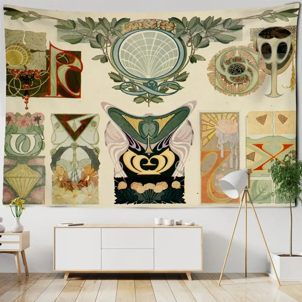 Boho black and gold moon starry sky mushroom tapestry with art nouveau botanical and geometric decorbites cactus moon design