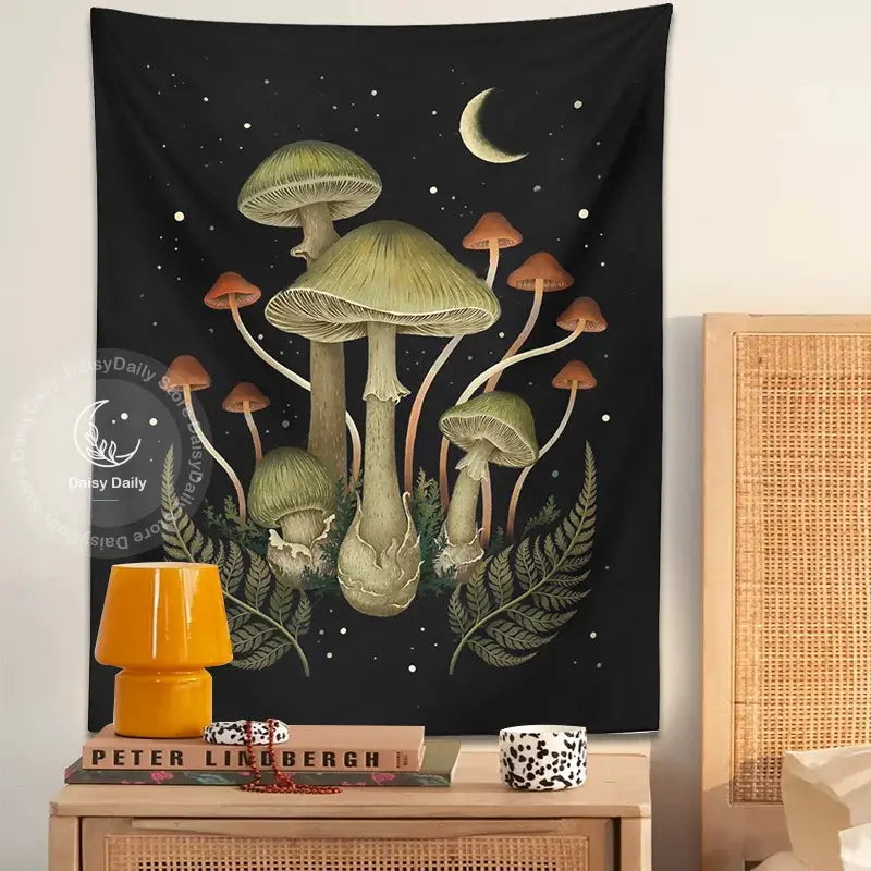 Boho black and green botanical mushroom moon tapestry featuring whimsical mushrooms under crescent moon for living room decorbites decor