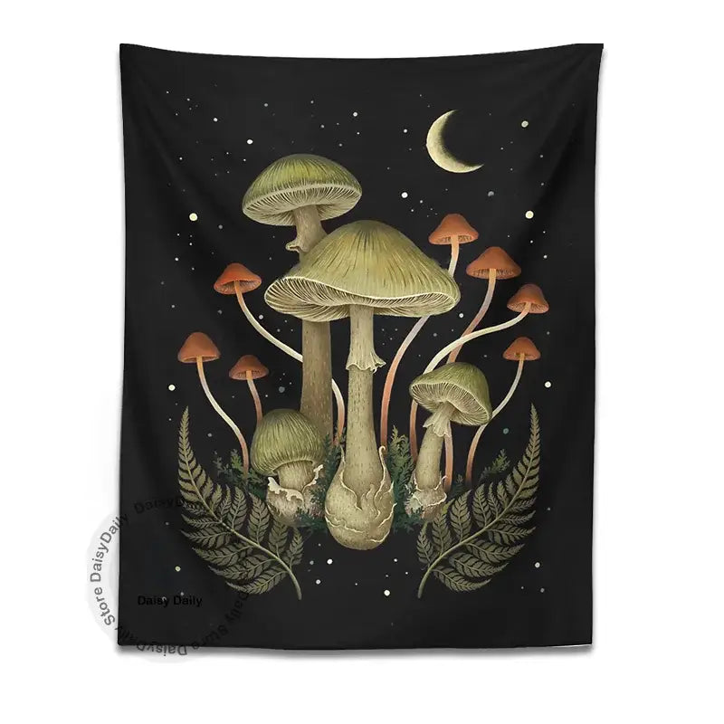 Boho black and green botanical mushroom moon tapestry featuring whimsical mushrooms and ferns for living room decorbites decor
