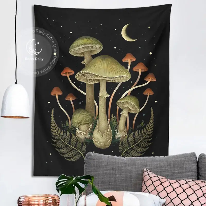 Boho black and green botanical mushroom moon tapestry featuring intricate mushrooms and ferns under crescent moon decorbites botanical mushroom
