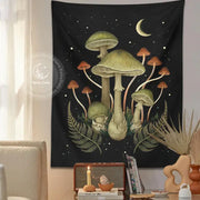 Boho black and green botanical mushroom moon tapestry featuring whimsical green and orange mushrooms under a crescent moon for living room decorbites botanical mushroom wall art