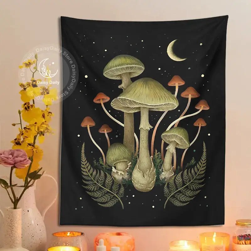 Boho black and green botanical mushroom moom tapestry with whimsical mushroom illustration for living room decor