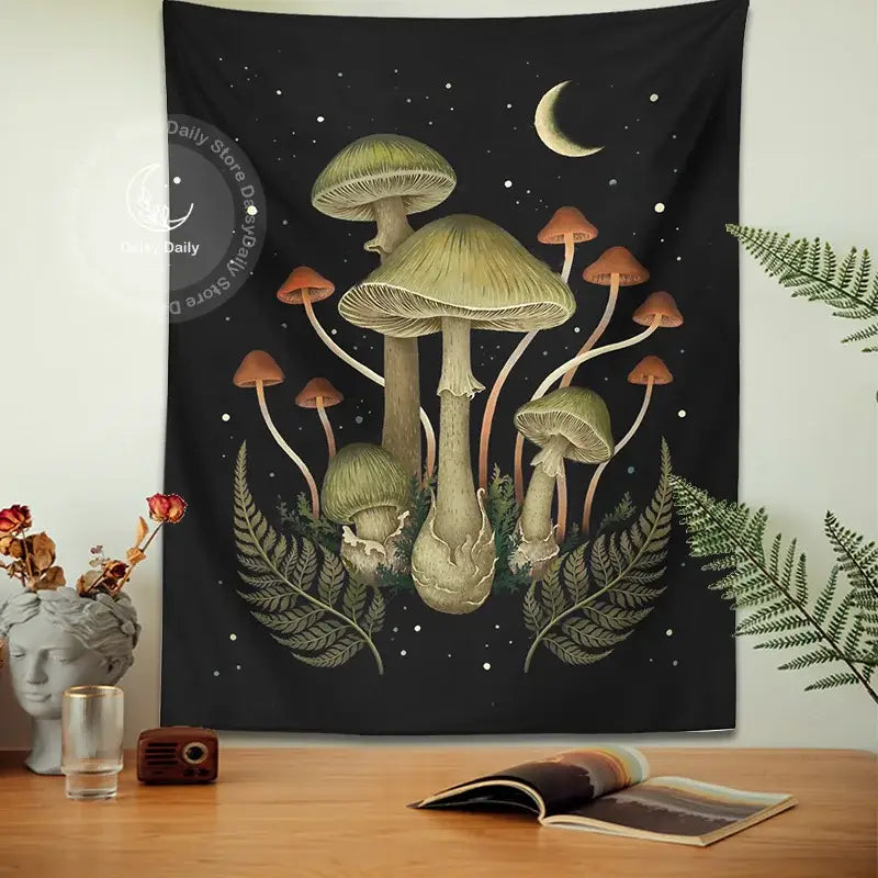 Boho black and green botanical mushroom moon tapestry featuring intricate mushrooms and ferns under a crescent moon for living room decorbites decor