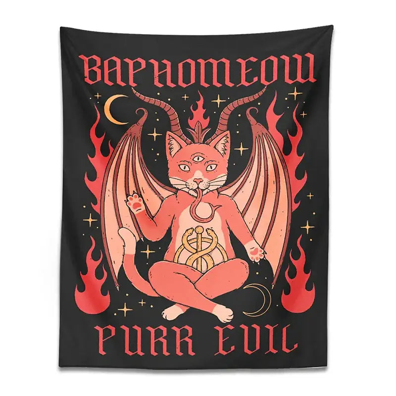 Boho black and pink cat baphomeow tapestry featuring demonic cat with wings and flames decorbites cat baphomeow wall decor