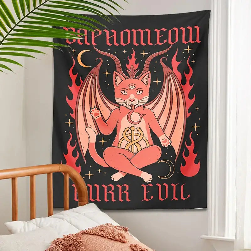 Boho black and pink decorbites cat baphomeow tapestry featuring a winged demonic cat with flames for bedroom decor