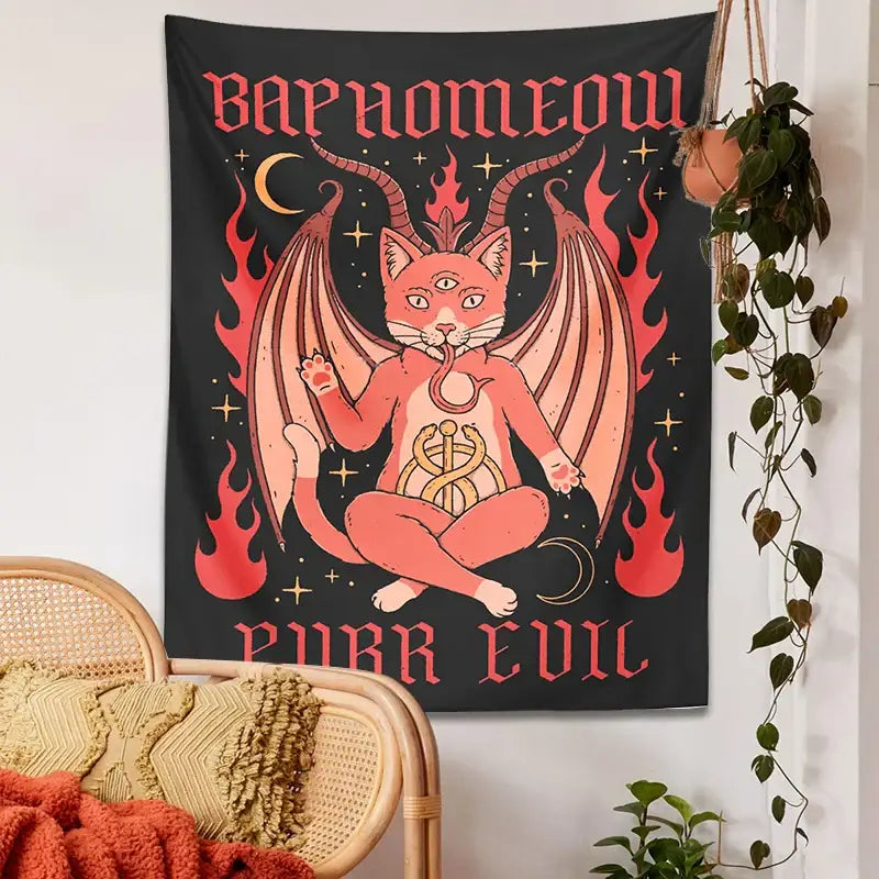 Boho black and pink cat baphomeow tapestry featuring a demonic winged cat with flames for bedroom wall decor by decorbites cat baphomeow