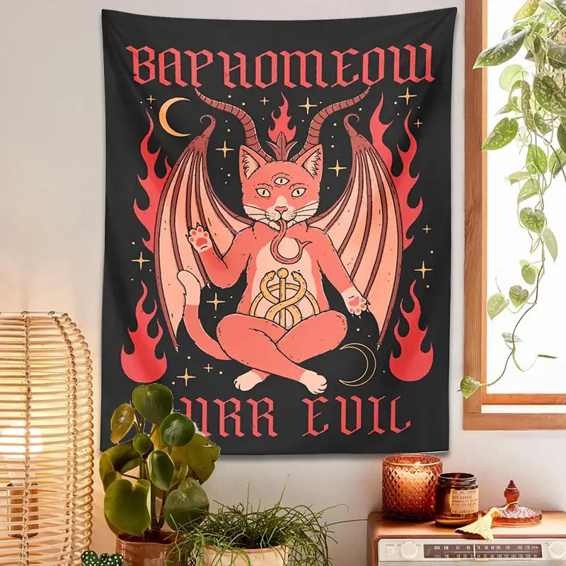 Black and pink cat baphomeow tapestry with demonic cat wings and horns for bedroom wall decor by decorbites cat