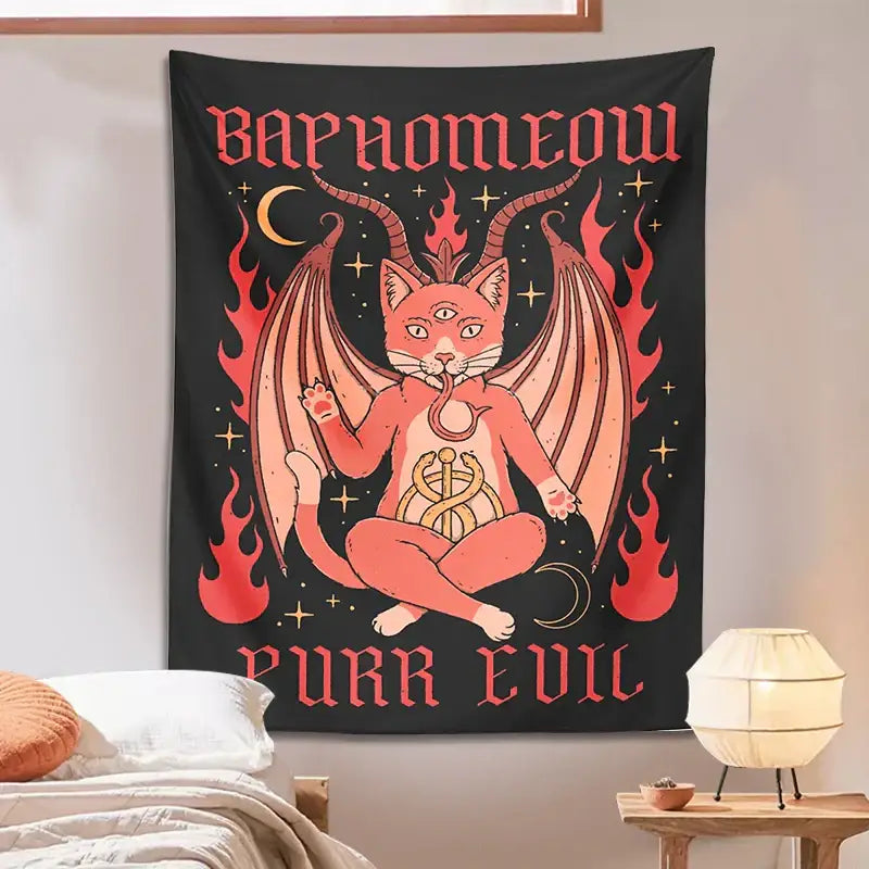 Boho black and pink cat baphomeow tapestry featuring demonic cat with wings and flames for bedroom wall decor by decorbites cat
