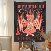 Boho black and pink cat baphomeow tapestry featuring demonic cat with wings and flames for bedroom decorbites cat wall decor