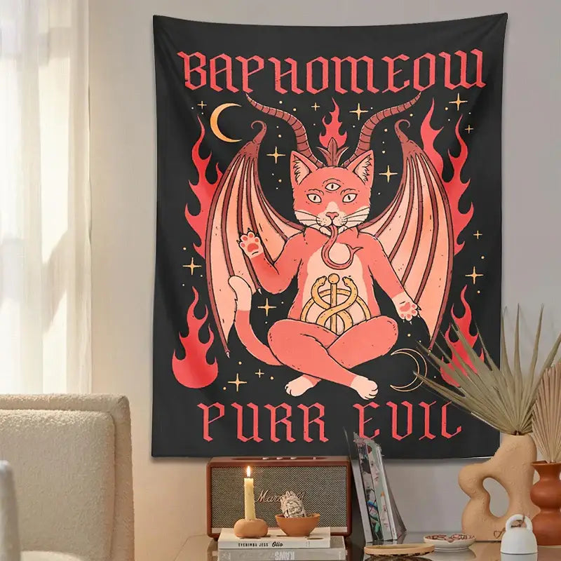 Boho black and pink cat baphomeow tapestry featuring demonic cat with wings and flames for bedroom decorbites cat wall decor