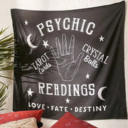 Black fabric boho wall hanging divination tapestry pink ouija with white text tarot cards crystal balls illustrations