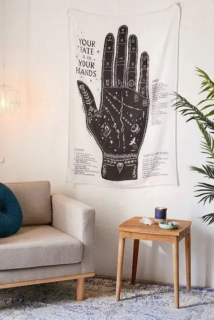 Boho black and white divination tapestry pink ouija wall hanging with astrological handprint on soft fabric background