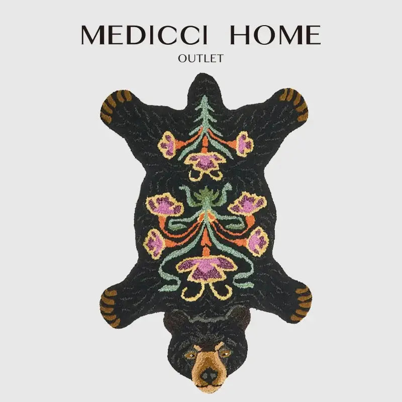 Boho black bear rug featuring black embroidered fabric with purple green and orange floral patterns for bedroom decorbites use