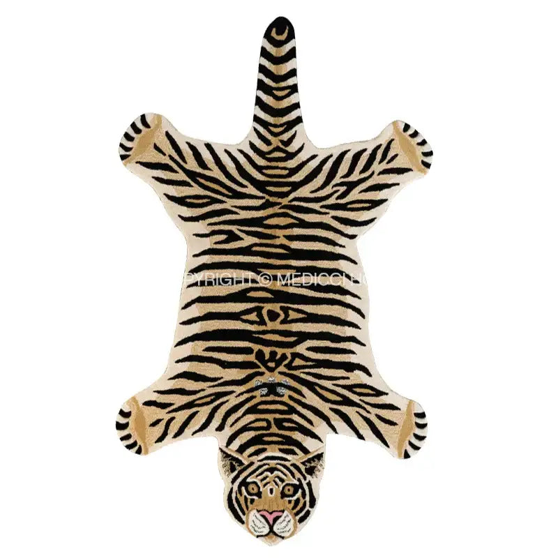 A plush cream-colored rug with black tiger stripes and detailed face resembling a boho black bear rug decorbites boho black