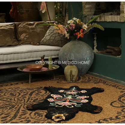 Boho black bear rug with embroidered pink green and gold floral patterns decorative bedroom area carpet decorbites boho black