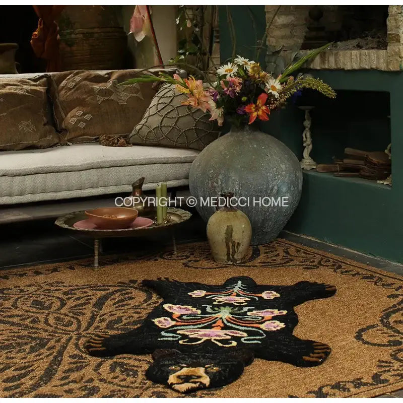 Boho black bear rug with embroidered pink green and gold floral patterns decorative bedroom area carpet decorbites boho black
