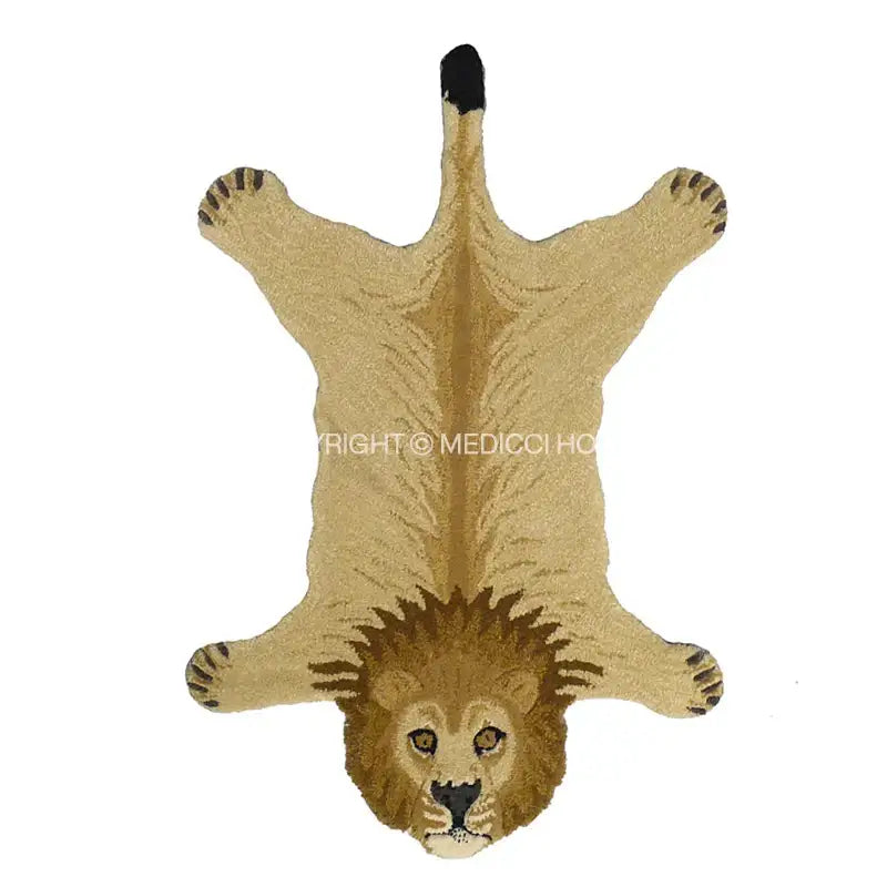 Tan and brown lion-shaped rug with detailed fur texture and black-tipped tail for decorbites boho black bear area carpet