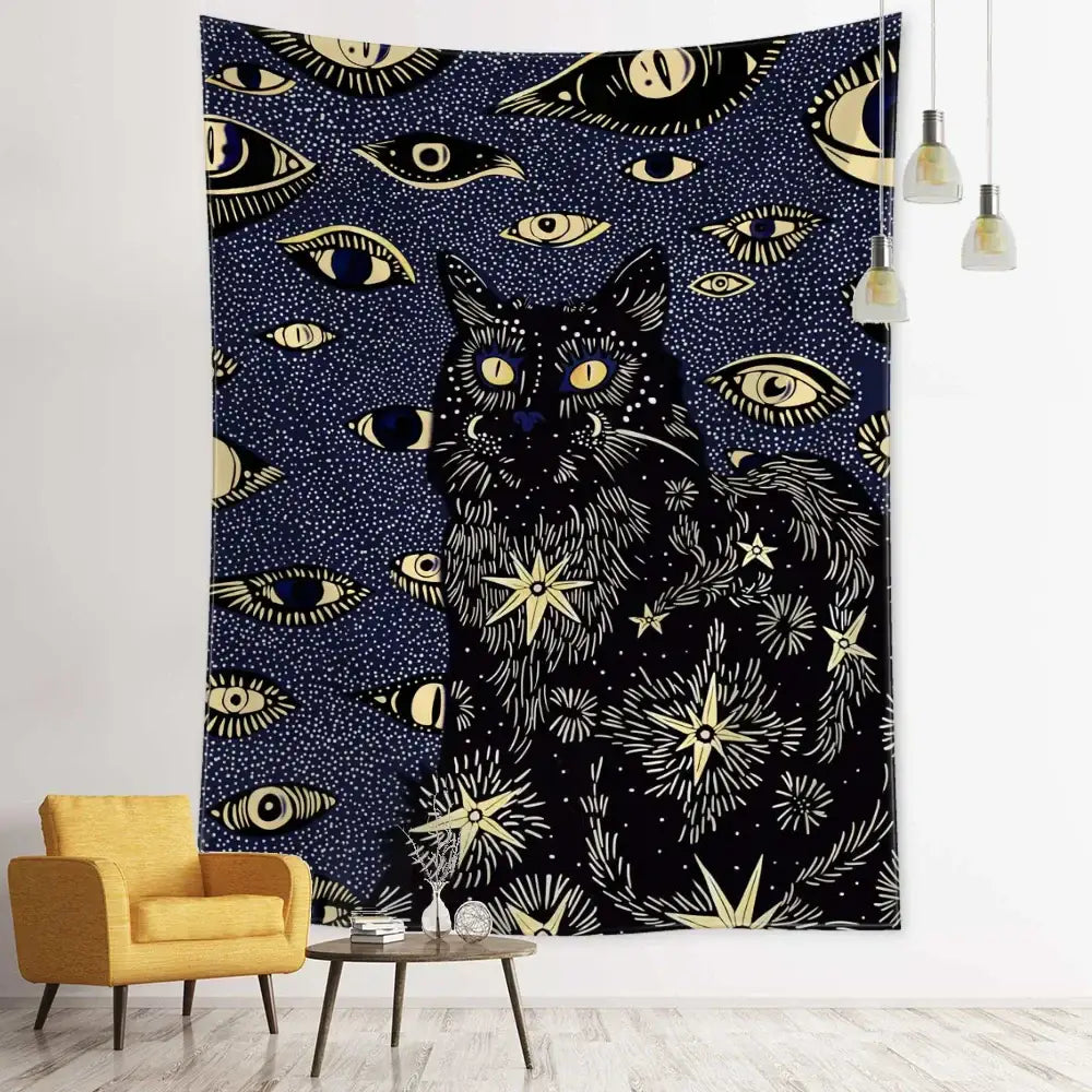 Boho black and gold cat eyes tapestry featuring a central cat with celestial decorbites cat eyes motifs wall decor