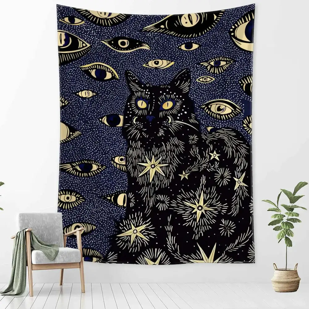 Boho black and gold cat eyes tapestry featuring a black cat with golden eyes and star patterns on dark blue decorbites cat eyes decor