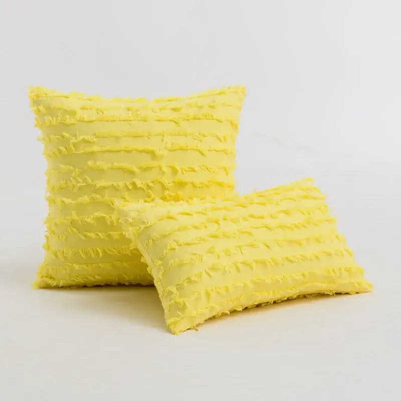 Bright yellow pillow with textured ruffled fabric surface for boho tassel striped pillow covers home decor