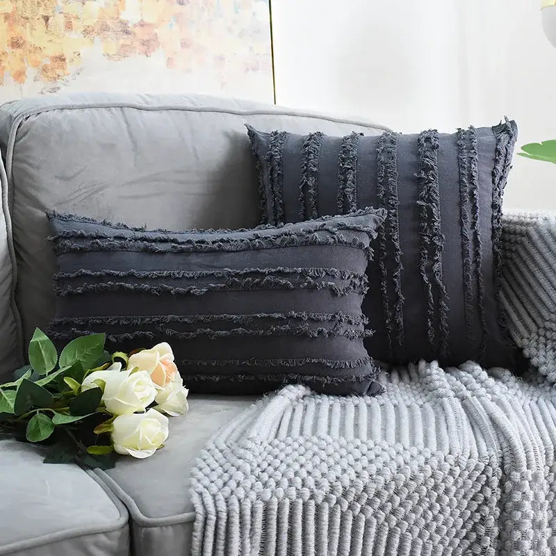 Dark gray textured pillow covers with frayed tassel striped design for boho living room home decor