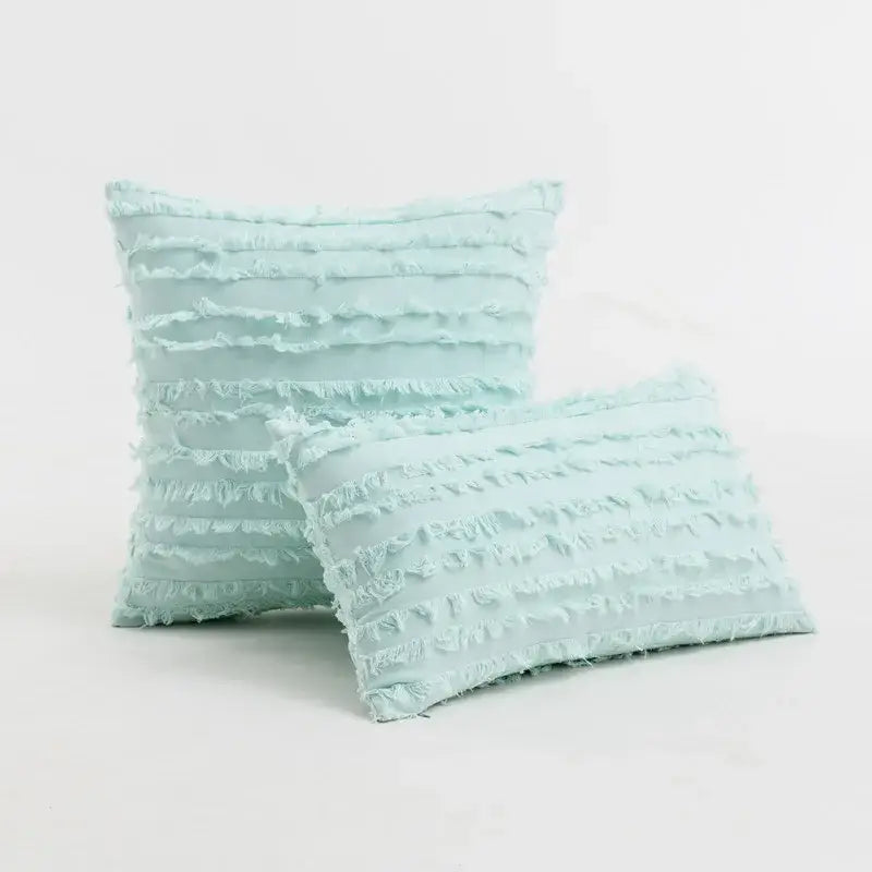 Light blue pillow cover with horizontal ruffled texture for boho tassel striped home decor living room use