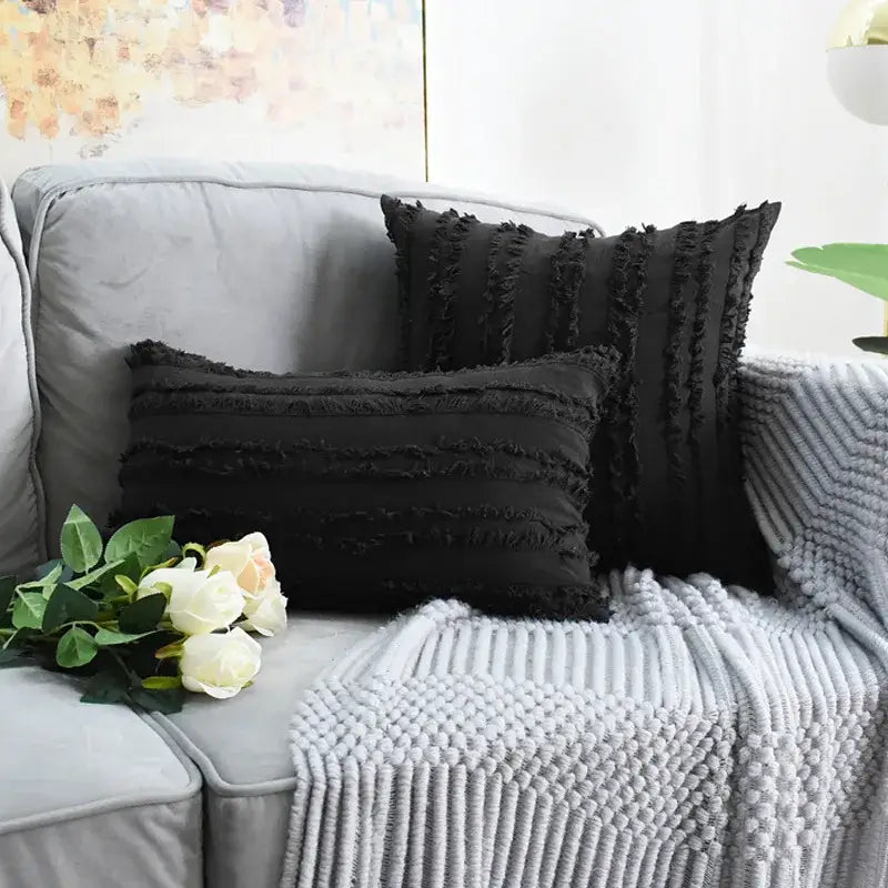 Black rectangular pillow covers with tassel striped texture and frayed edges for boho home decor living room