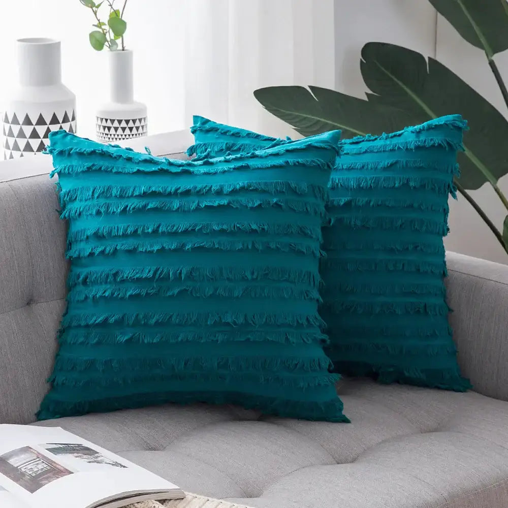 Teal fringed pillow covers with layered textured tassels in boho black tassel striped design for living room decor