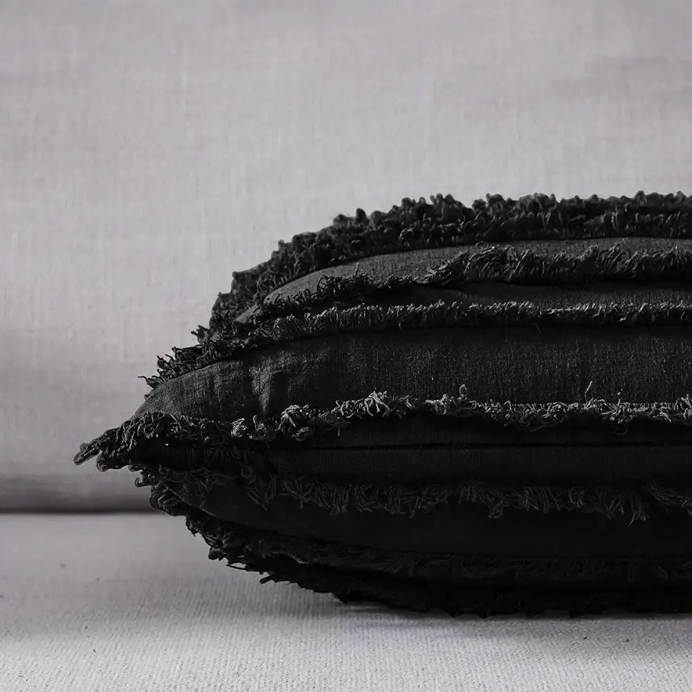 Boho black tassel striped pillow covers with textured frayed edges and layered fabric for living room home decor