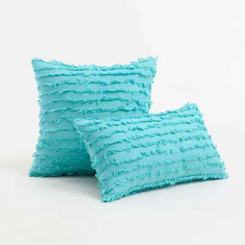 Turquoise rectangular throw pillow covers with frayed tassel striped design for boho home decor living room